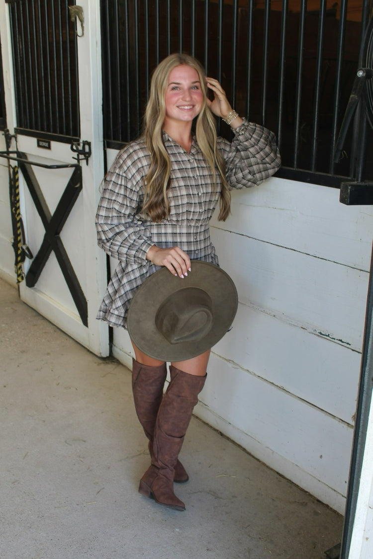 PLAID COLLARED LONG SLEEVE BASQUE WAIST MINI DRESS