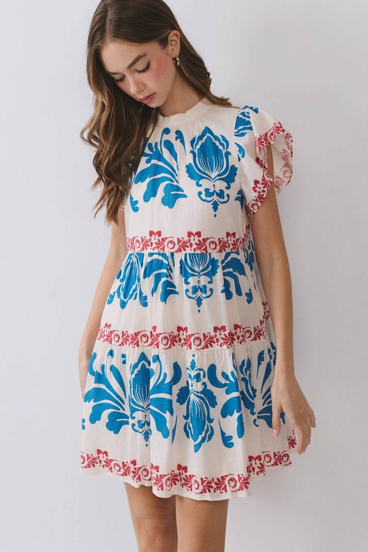 Contrast Floral Print Tiered Mini Dress