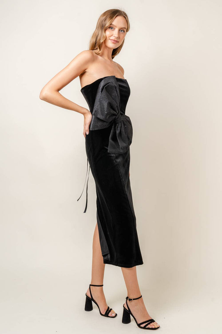 PARTY DRAMATIC BOW VELVET LACEUP TUBE MIDI DRESS
