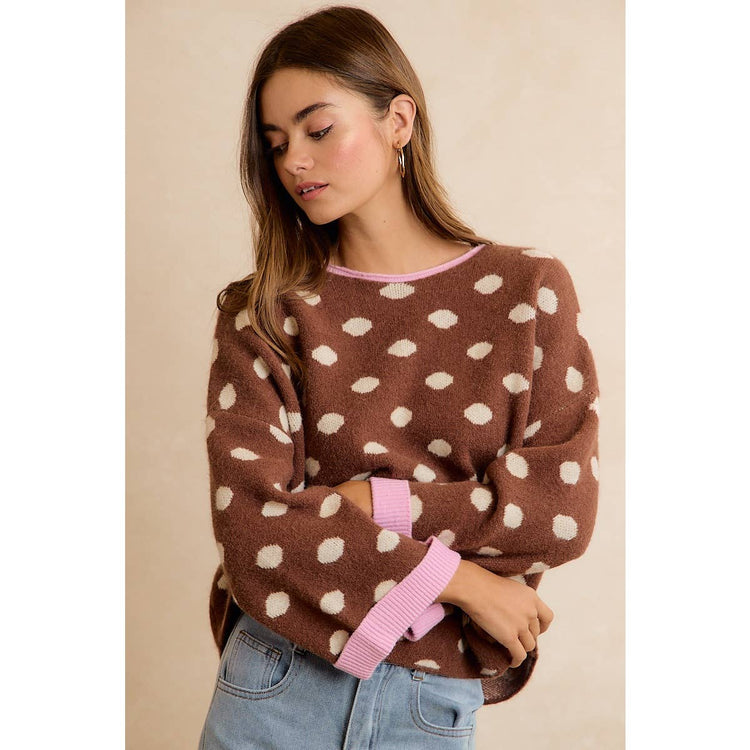 CONTRAST NECK AND ROLL UP DETAIL POLKA DOT SWEATER: MOCHA/BLUSH