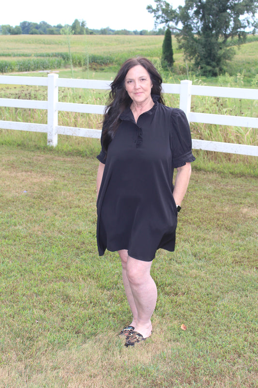 Solid short puff sleeve mini dress featuring ruffle band collar button closure at front