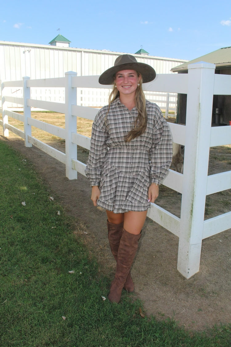 PLAID COLLARED LONG SLEEVE BASQUE WAIST MINI DRESS