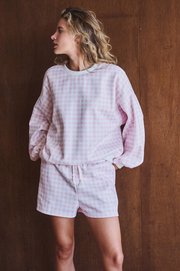 Gingham Fuzzy Knit Lounge Set: Pink