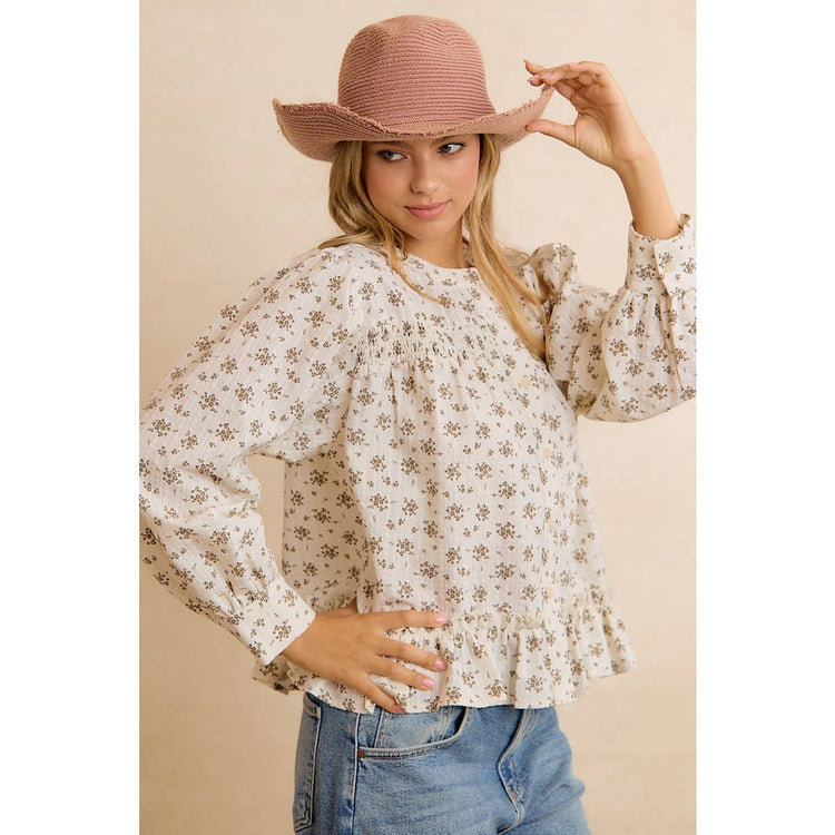 VINTAGE FLORAL SMOCKED BUTTON DOWN PEPLUM BLOUSE: OATMEAL