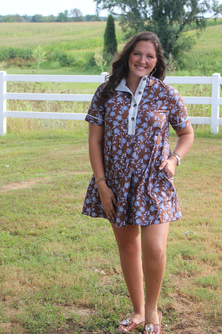 Brown and Blue Floral High Neck Mini Dress