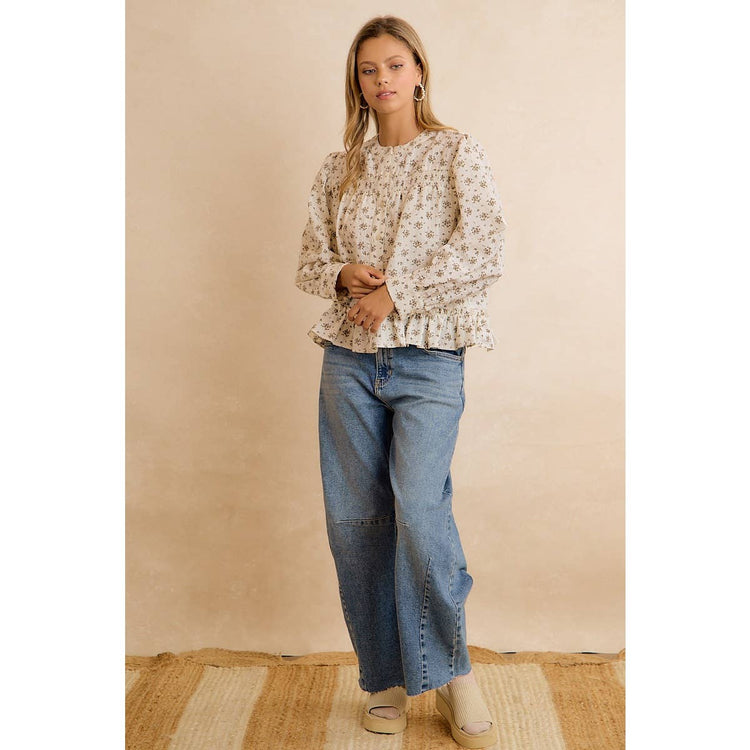VINTAGE FLORAL SMOCKED BUTTON DOWN PEPLUM BLOUSE: OATMEAL