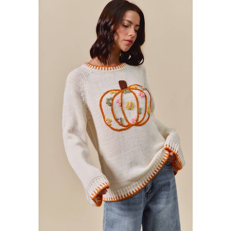 PUMPKIN FLORAL EMBROIDERED THANKSGIVING SWEATER