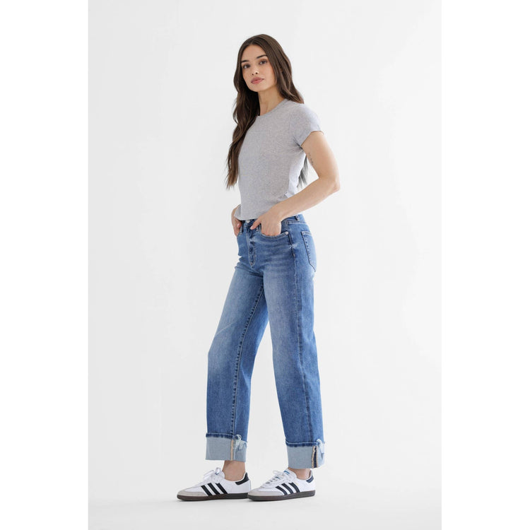 CASSIDY SUPER HIGH RISE RELAXED STRAIGHT CUFFED LEG: PENN BLUE