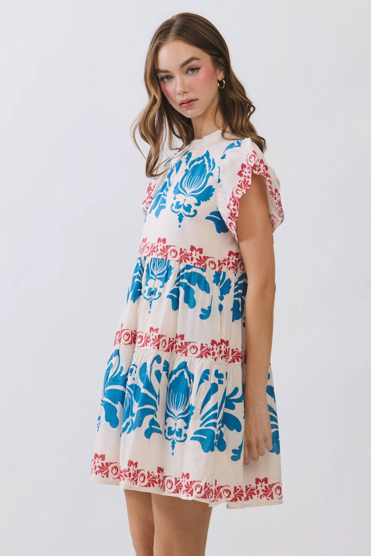 Contrast Floral Print Tiered Mini Dress