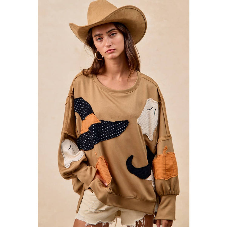 HALLOWEEN THEME PATCHWORK FRENCH TERRY SWEATSHIRT