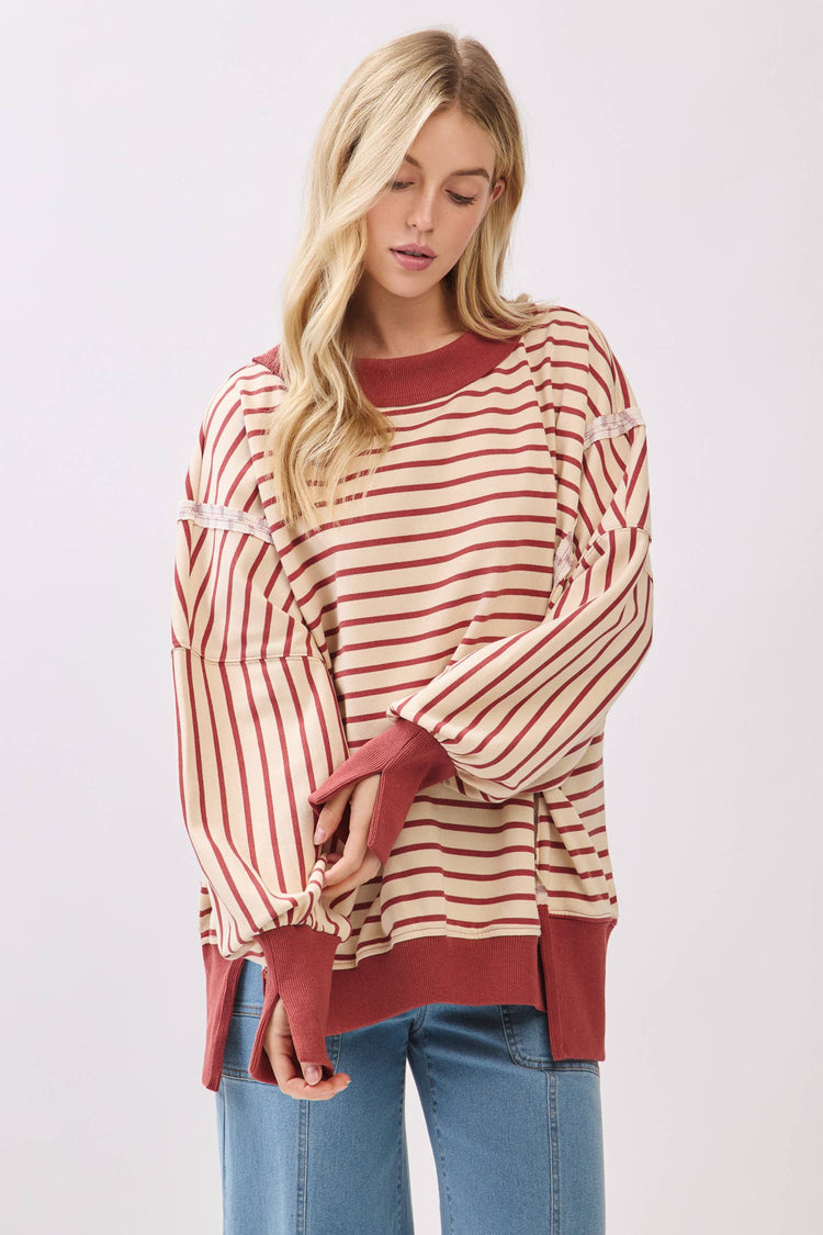 Striped Balloon Sleeve Terry Sweatshirt
