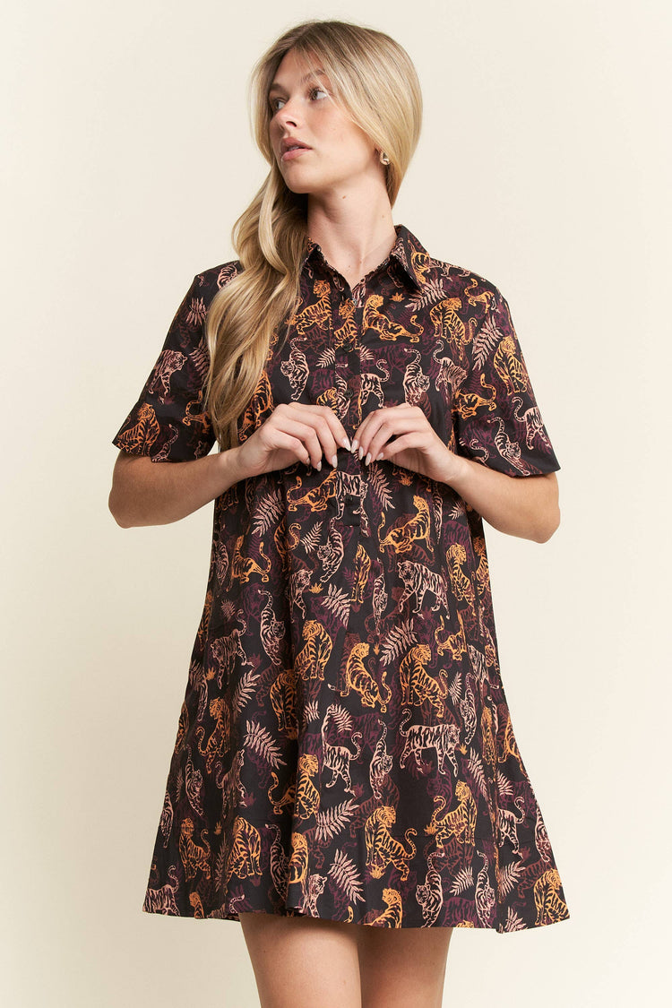 COLLARED TIGER PRINT MINI DRESS