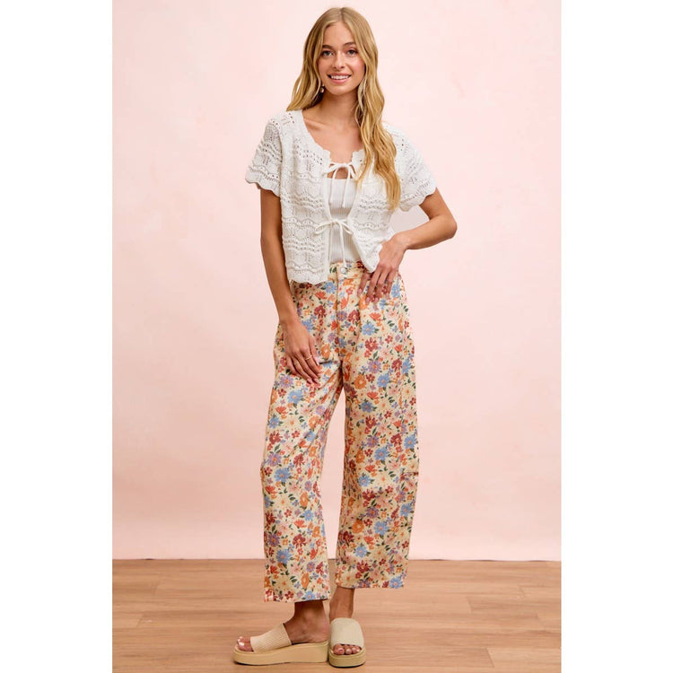 WASHED FLORAL PRINTED TWILL BARREL PANTS
