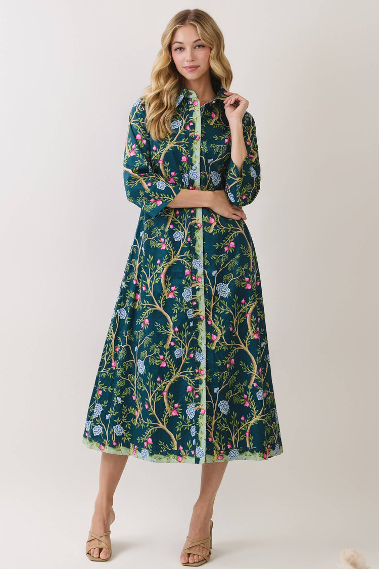 Botanical Print Button Front Midi Dress