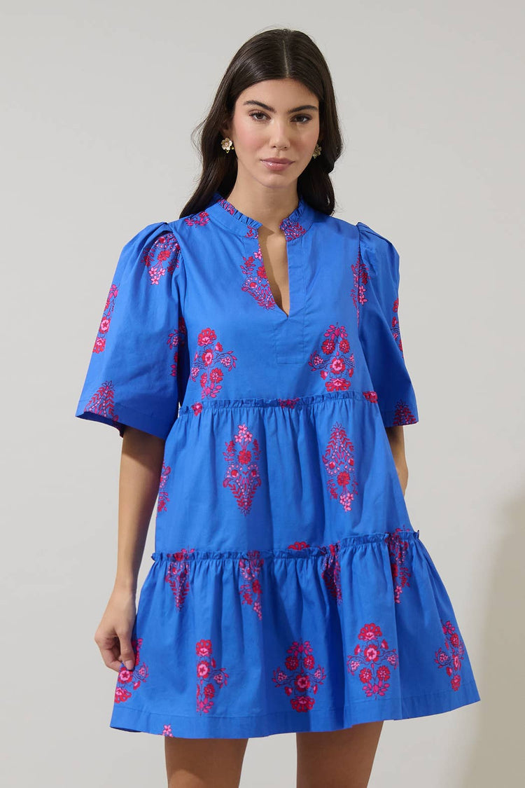 Shayna Floral Dixie Split Neck Shift Dress: BLUE-PINKs