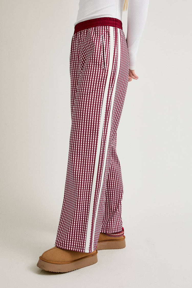 MID RISE SIDE STRIPE DETAIL TRACK PANTS: BURGUNDY-WHITE PLAID