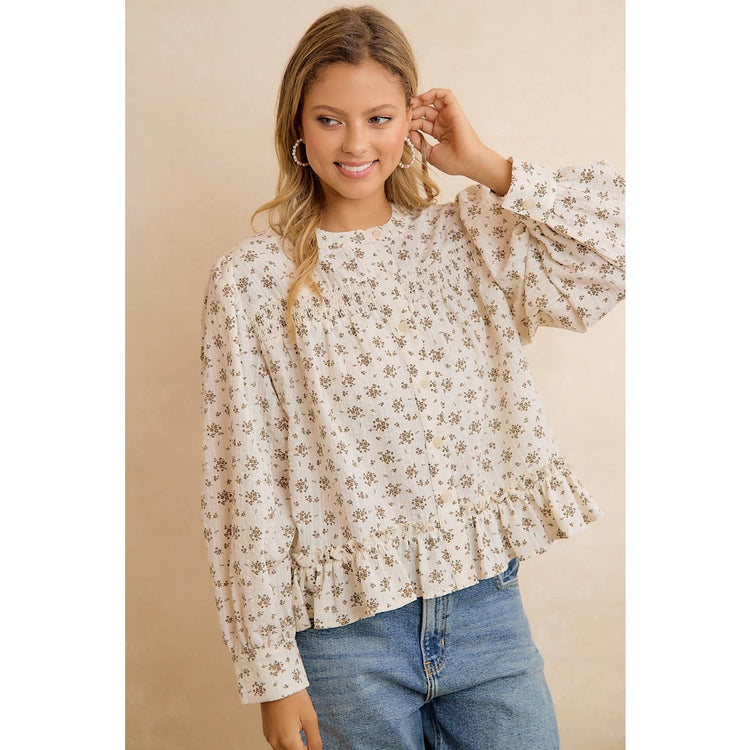 VINTAGE FLORAL SMOCKED BUTTON DOWN PEPLUM BLOUSE: OATMEAL