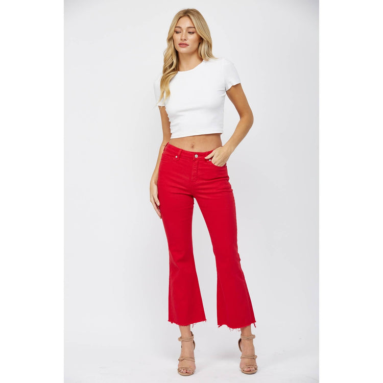 HIGH RISE ANKLE FLARE JEAN - HUSKER RED