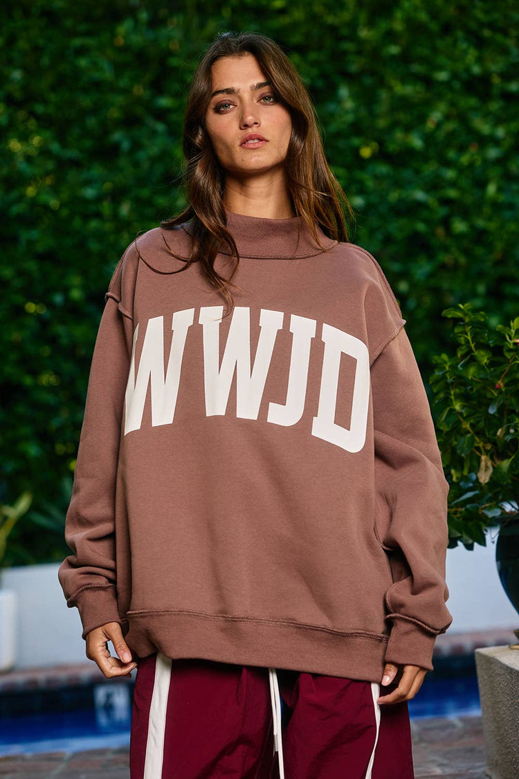 WWJD 'WWJD & AMEN' Reversible Mock Neck Sweatshirt: BROWN/CREAM