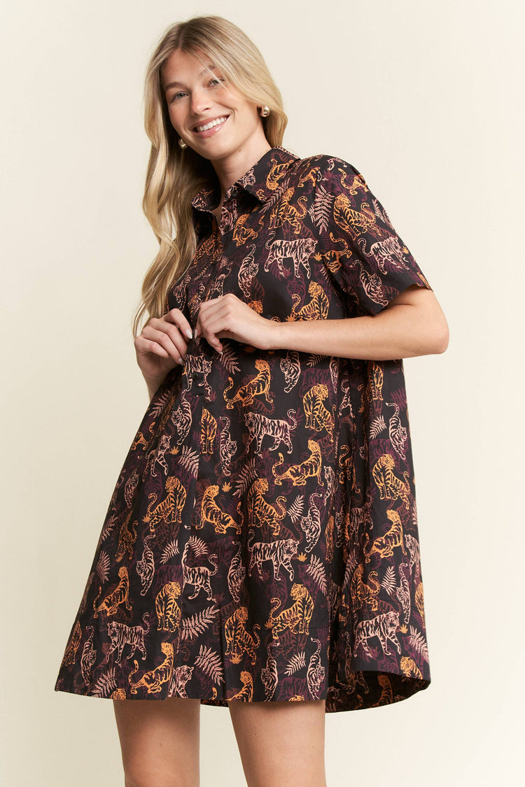 COLLARED TIGER PRINT MINI DRESS