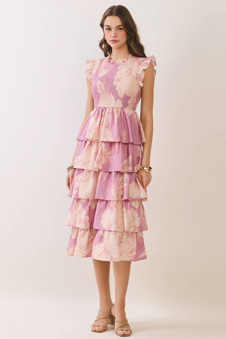 Floral Smocked Bodice Tiered Ruffle Midi Dress