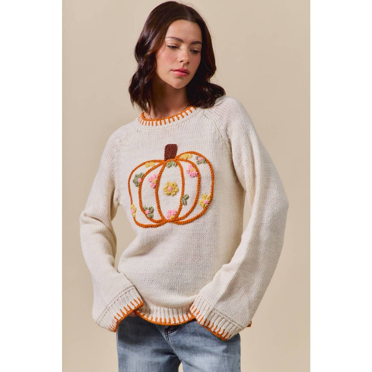 PUMPKIN FLORAL EMBROIDERED THANKSGIVING SWEATER