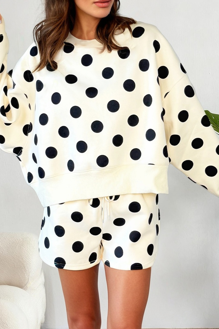 LAS Polka Dot Looks Pullover Drawstring Shorts Sets (S-XL): Beige / Missy / L