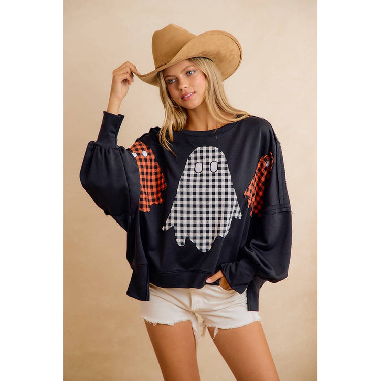 OVERSIZED PLAID GHOST APPLIQUE HALLOWEEN SWEATSHIRT
