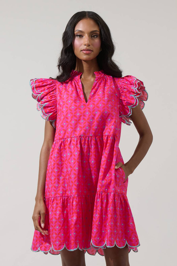 Vaila Floral Tess Shift Scallop Mini Dress: FUCH-RED-MUL