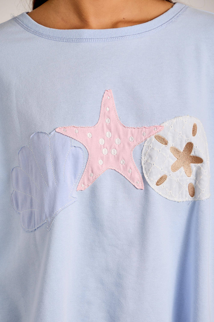 Boat Neck Long Sleeve Top With Seashell Patchwork