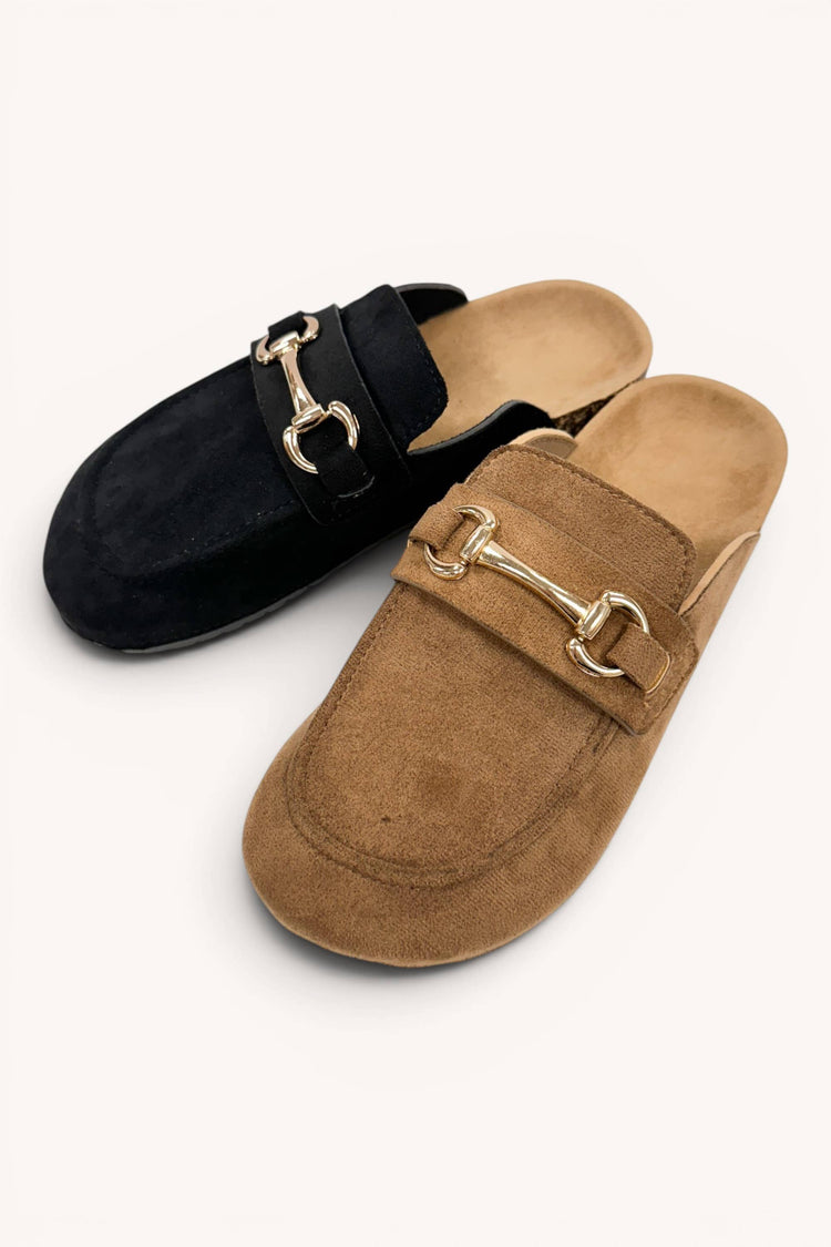 Suede Horsebit Moccasin Loafer Mule Slide Flats: DK CHOCOLATE