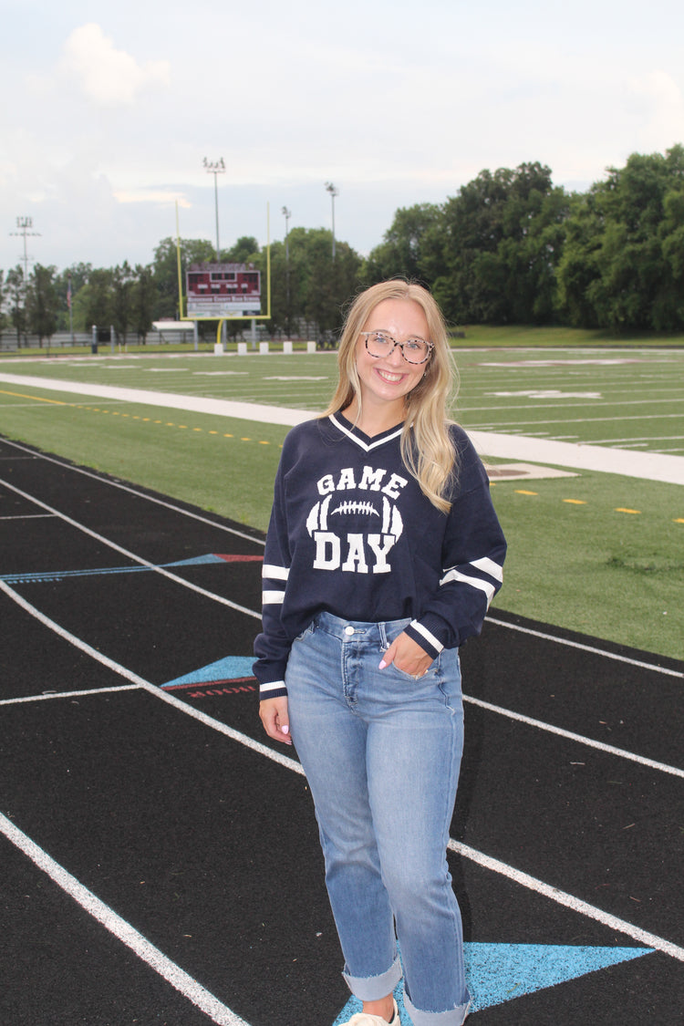 NAVY GAME DAY - LONG SLEEVE V NECK VARSITY SWEATER TOP