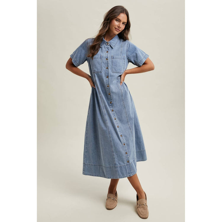 DENIM BUTTON-FRONT SHIRT DRESS