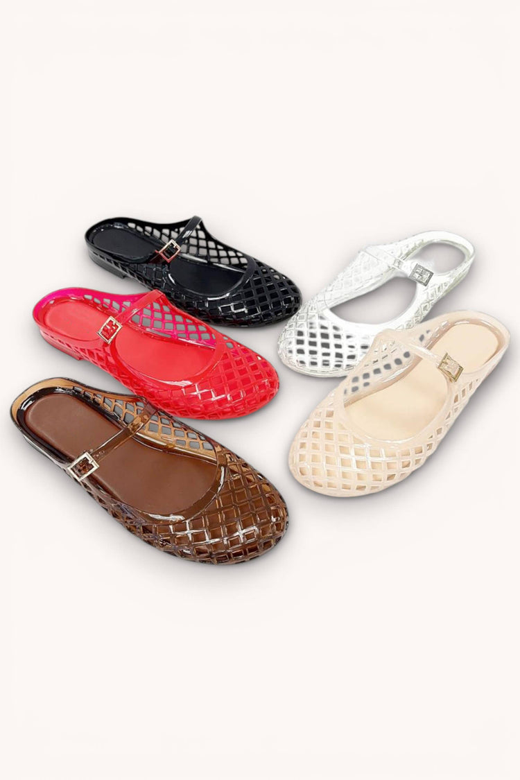POSIE TRENDY LATTICE JELLY MARY JANE STRAP SLIDE FLAT SLIP