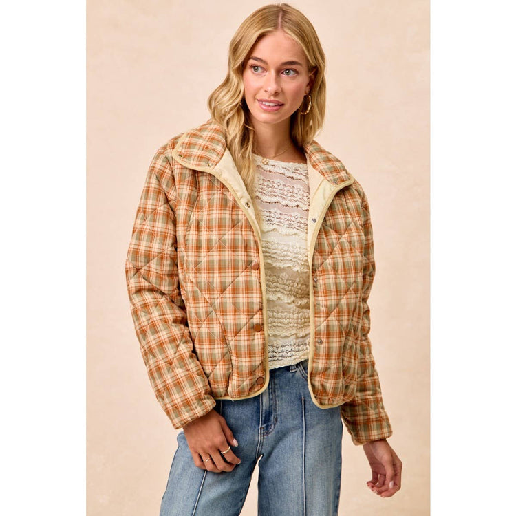 VINTAGE PLAID PIPING DETAIL QUILTED JACKET