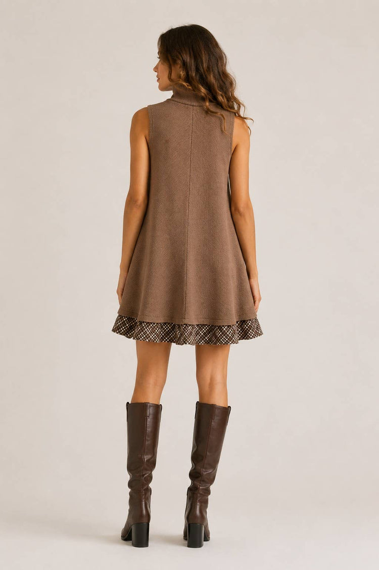 PLAID RUFFLE TURTLENECK MINI DRESS