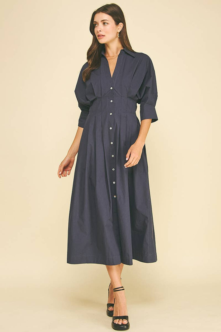 Pleated Button Down Midi Dress