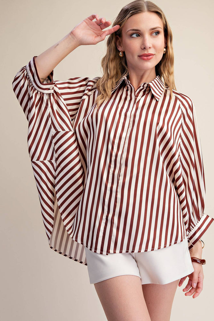 Stripe Wide Puff Sleeve Button down Shirt