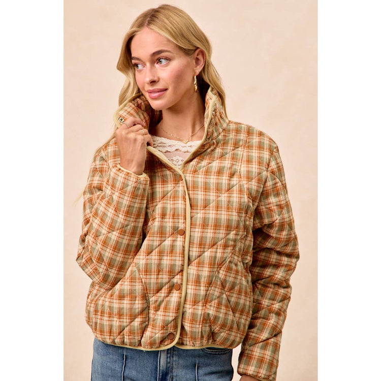 VINTAGE PLAID PIPING DETAIL QUILTED JACKET