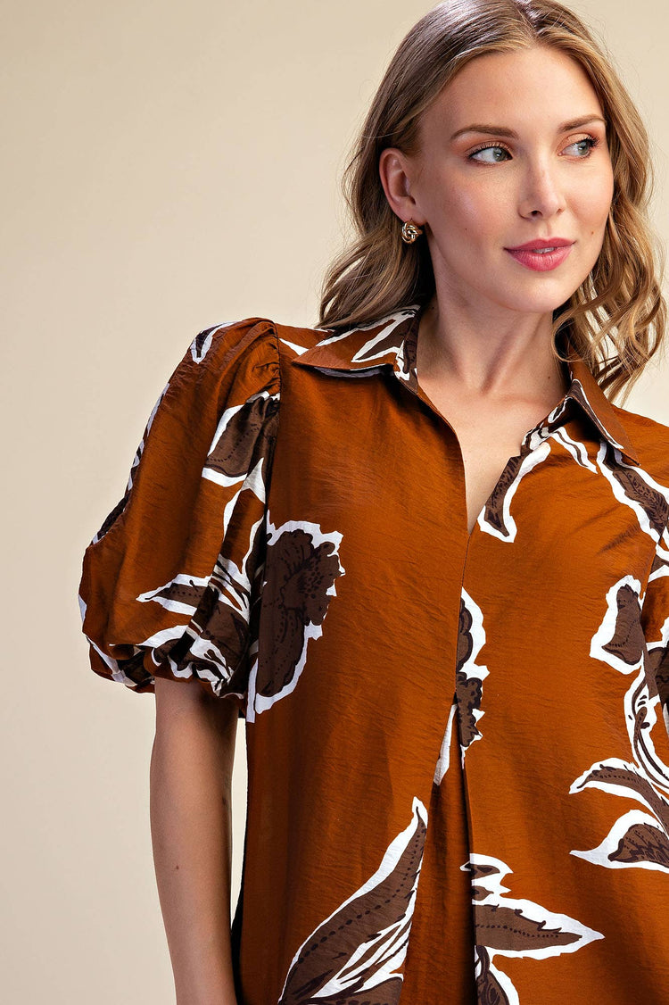 Print Puff Sleeve Midi Dress