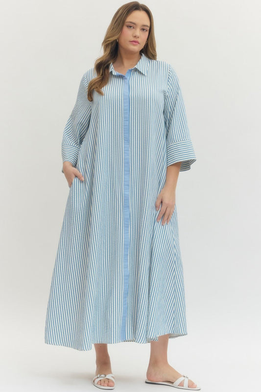 Striped Long Sleeve Midi Dress- Plus