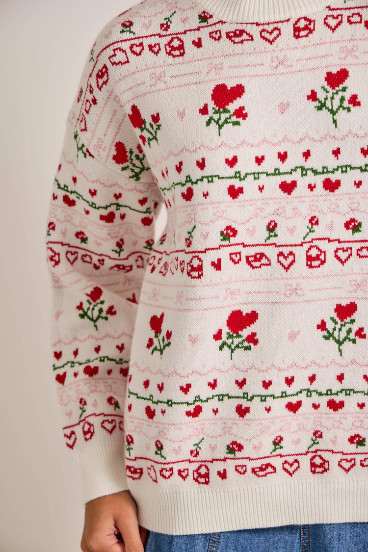 All overr heart-and-rose jacquard sweater knit top