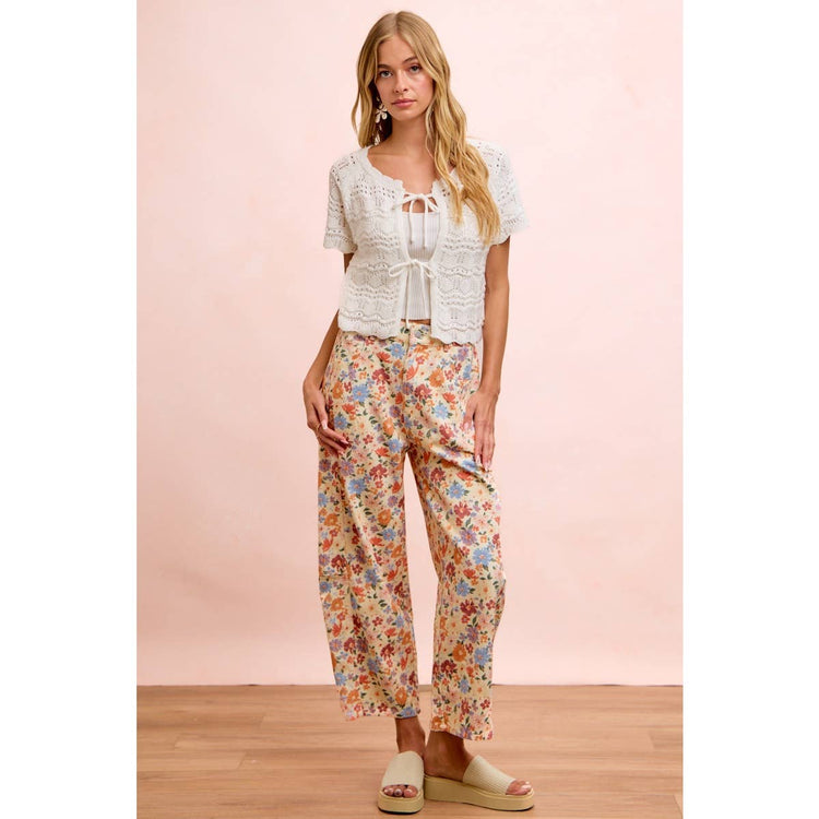WASHED FLORAL PRINTED TWILL BARREL PANTS