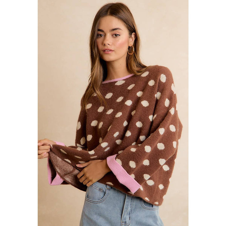 CONTRAST NECK AND ROLL UP DETAIL POLKA DOT SWEATER: MOCHA/BLUSH