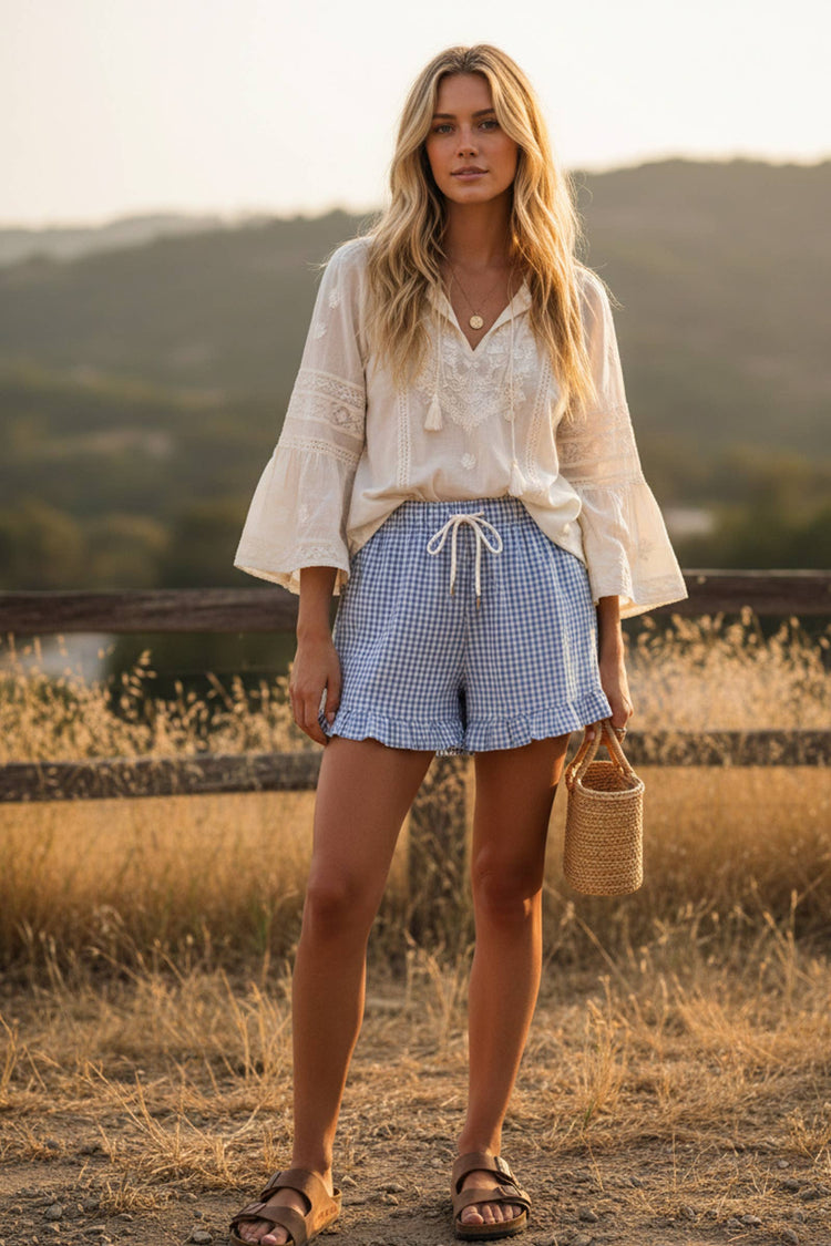 Gingham Woven Ruffle Hem Shorts