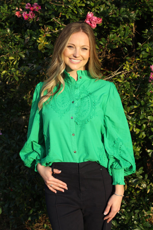 Embroidered Appliqué Button Up Top - Green