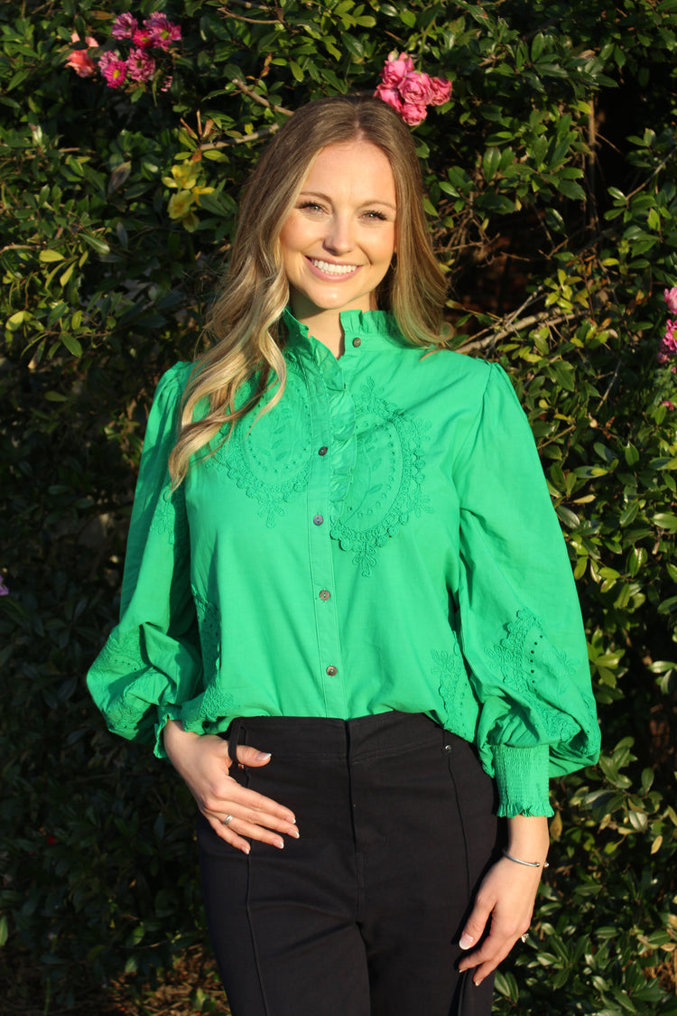 Embroidered Appliqué Button Up Top - Green