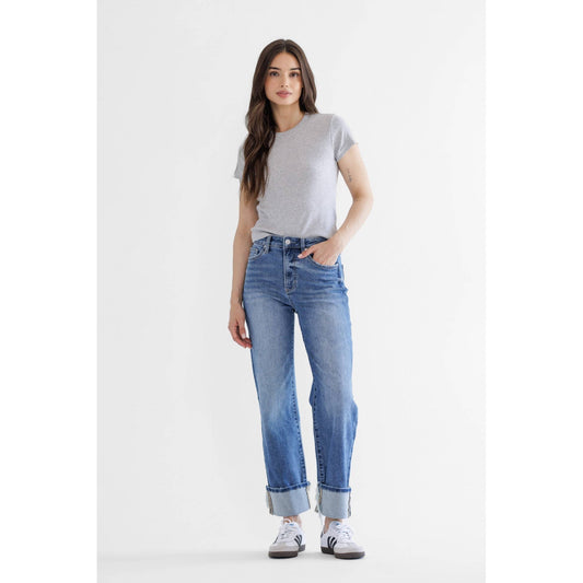 CASSIDY SUPER HIGH RISE RELAXED STRAIGHT CUFFED LEG: PENN BLUE