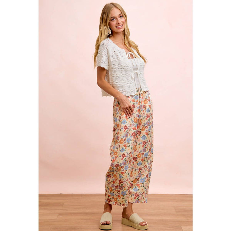 WASHED FLORAL PRINTED TWILL BARREL PANTS