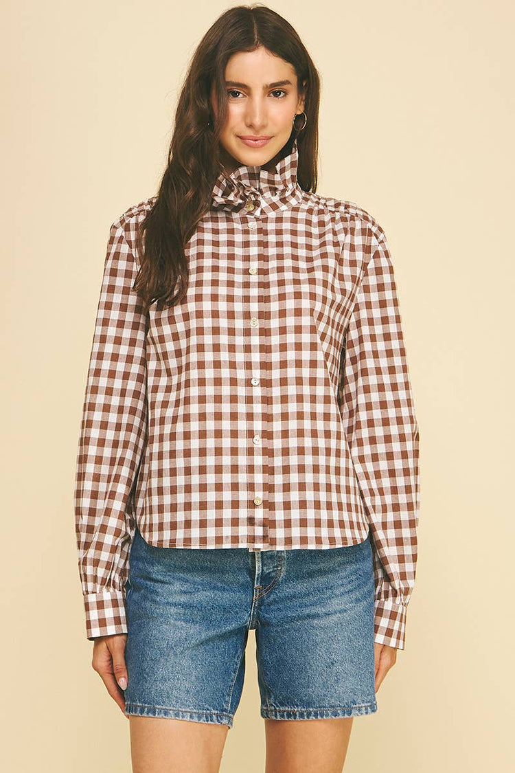 Gingham Check Ruffled Collar Shirt